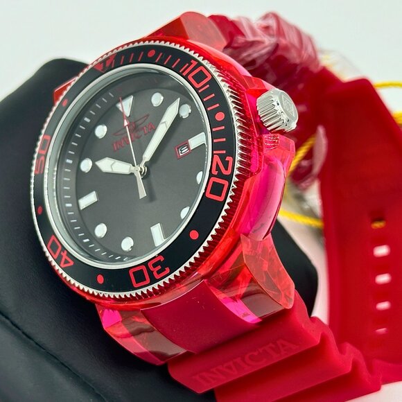 BRAND NEW Invicta Pro Diver 51mm Black Dial Transparent Watch Red Poly Strap - Picture 2 of 8